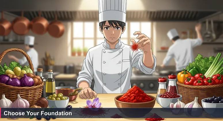A chef in a Madrid kitchen at dawn, hands hovering over baskets of saffron and pimentón spices, symbolizing the choice of bootcamp foundation for an AI career.