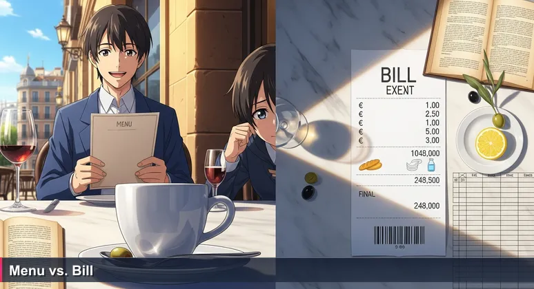 A person in a Madrid restaurant surprised by a higher bill than the menu price, illustrating the gap between tech salaries and living costs in Spain 2026.