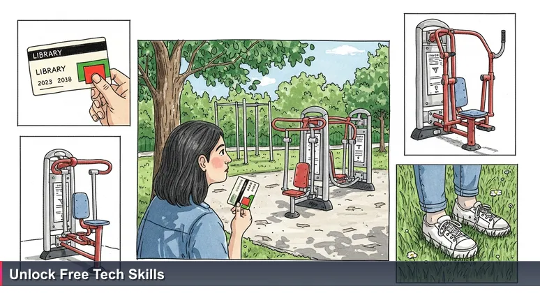 A person holding a library card contemplates bright outdoor fitness equipment in a sunny Spanish park, symbolizing accessible tech education.