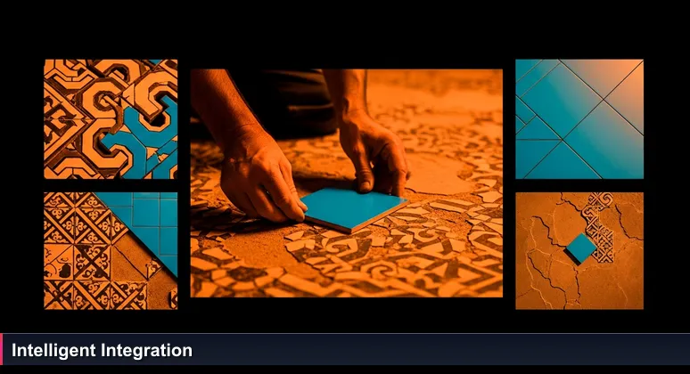 Close-up of artisan's hands placing a modern geometric tile into an ancient mosaic floor in a Madrid palace, symbolizing AI integration in Spain's traditional industries.