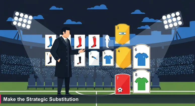 A football manager on the stadium touchline at night, intensely scanning the bench before making a crucial substitution decision.