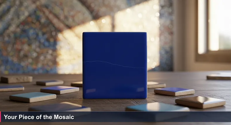 A cracked blue ceramic tile on a workbench with mosaic pieces, symbolizing women in tech finding community and support in Spain.
