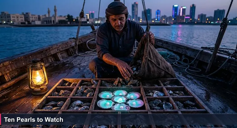 A dusk scene on a wooden dhow off Muharraq: a diver tips a burlap sack of oysters onto a tray, revealing a few gleaming pearls under a brass lamp while unopened shells lie in shadow.