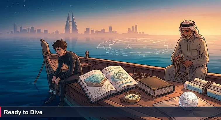 A small wooden dhow off Muharraq at sunrise with a veteran pearl diver coiling a rope and a young apprentice in a wetsuit sitting at the edge, looking into deep water.