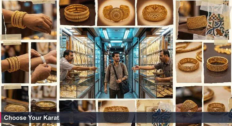 Engineer in Manama’s Gold Souq hesitates as three shopkeepers hold bracelets over a brass scale, symbolising choosing between competing tech offers in Bahrain.