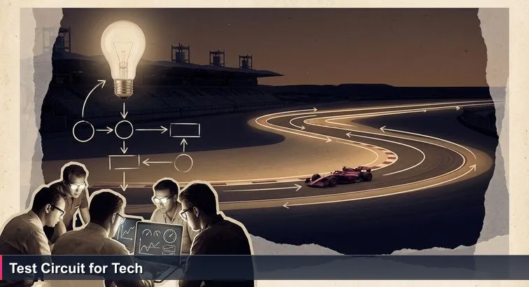 Night at Bahrain International Circuit with one F1 car circling the illuminated track and a small pit crew gathered around laptops under floodlights.