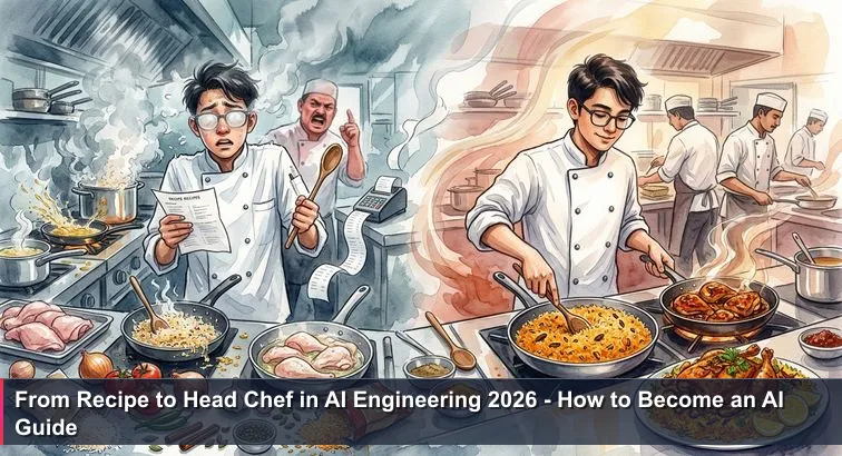 A stressed cook in an Adliya kitchen clutching a crumpled recipe amid steaming pans and a screaming ticket printer, symbolising learning under production pressure.
