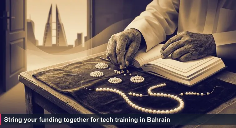 Inside a Muharraq pearl shop: an elderly Bahraini jeweller sorts small pearls on a wooden table, a half-finished necklace and silk thread beside him with Manama towers blurred beyond the doorway.
