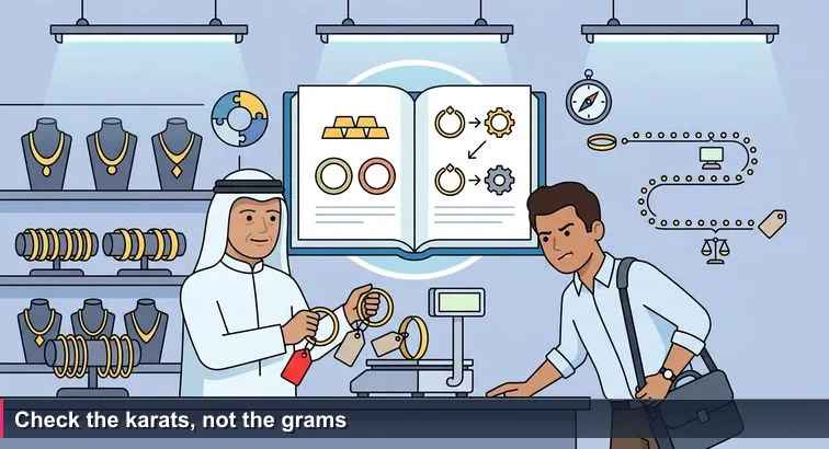 Manama Gold Souq jeweler weighing two nearly identical gold bracelets while a young professional watches, illustrating headline salary vs true compensation value.