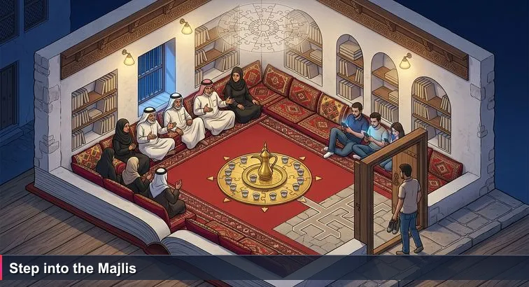 Interior of a traditional Bahraini majlis at night: red carpets, cushions, a dallah of Arabic coffee, older and younger guests in animated conversation with a hesitant young person standing in the doorway.