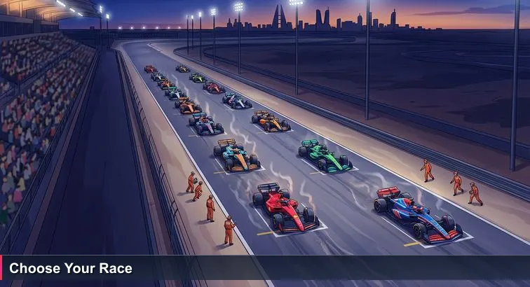 Aerial twilight view of Bahrain International Circuit starting grid under floodlights, ten cars lined up, marshals beside them and Manama skyline faintly visible in the distance.