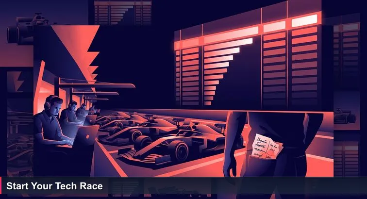 Night scene at Bahrain International Circuit during F1 qualifying: pit lane teams with laptops, a giant leaderboard showing P1-P20, and a mechanic with crumpled notes.