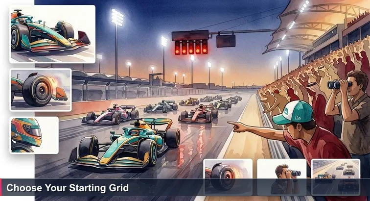 Twilight scene at Bahrain International Circuit starting grid: ten F1 cars under floodlights, five red lights above, Bahraini crowd in the grandstand including a fan with a GA cap.