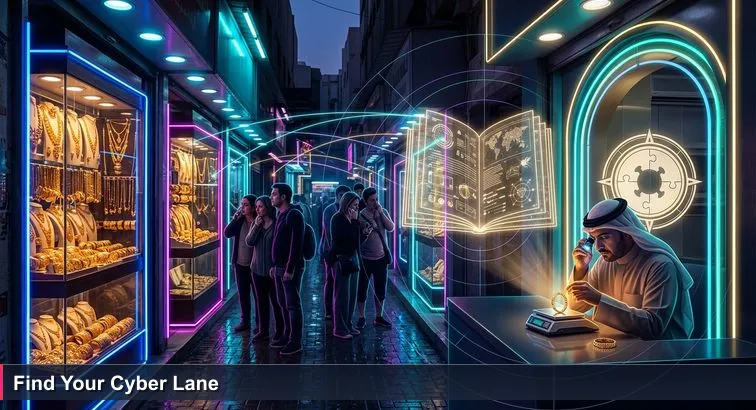 A dusk scene in Manama’s Gold Souq: crowded display cases of gold and a jeweler weighing a single bracelet while tourists browse, evoking choice and scrutiny.