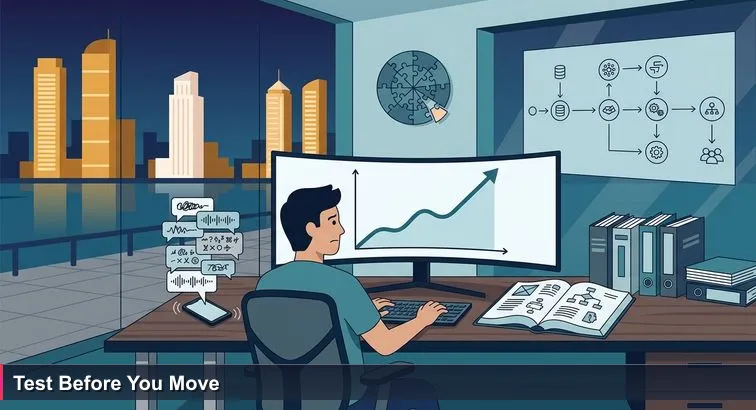 A lone ML engineer in a dim FinTech Bay co-working space at midnight, monitor showing a training curve near 99% while messy bilingual WhatsApp transcriptions glow on a phone.