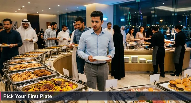 A crowded Manama hotel buffet at night; a young Bahraini professional in office clothes stands with an empty plate, scanning many labeled dishes while others queue and serve themselves.