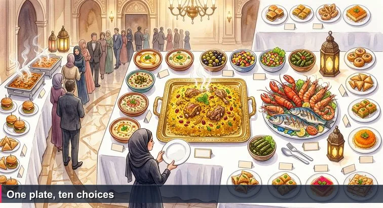 Overhead view of a bustling Ramadan iftar buffet in a Manama hotel with a lone diner holding an empty plate, many labeled dishes, steam and queues visible.