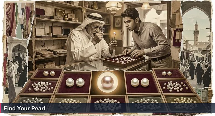 Elderly Bahraini jeweler in a white thobe inspects a single pearl under a loupe on a velvet tray inside Manama Souq, with narrow alley shoppers visible outside.
