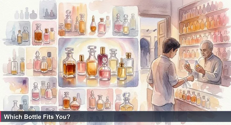 Interior of a small Bab Al Bahrain perfume shop at dusk, ten identical glass vials numbered 1-10 on a wooden counter, a young Bahraini testing strips on their wrist while a perfumer offers two bottles.