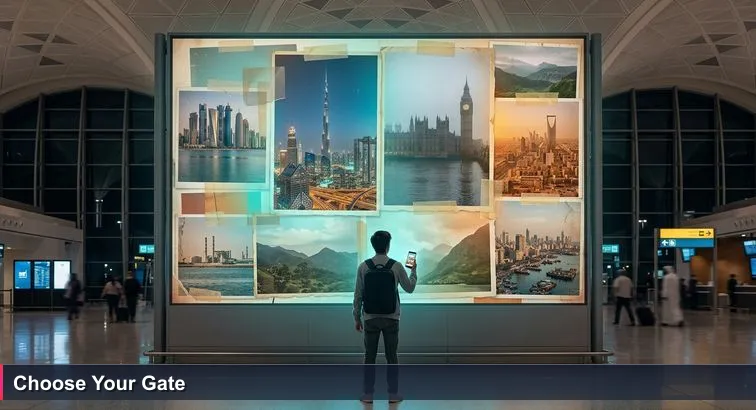 A young developer with a laptop backpack standing under the glowing departures board at Bahrain International Airport, phone showing a ‘Top 10’ article, nighttime scene