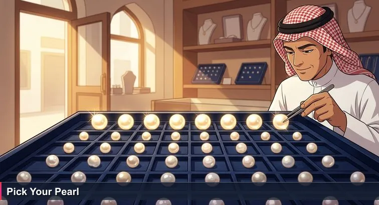 A Bahraini jeweller in a white thobe tips a cloth pouch, spilling Gulf pearls onto dark blue velvet as he lines up the ten brightest pearls in late afternoon light.