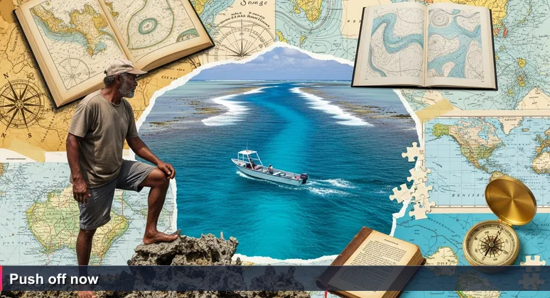 Tongan fisherman standing at reef edge with skiff, squinting at narrow ocean passage, representing the hesitation between knowing and doing when starting an AI career.