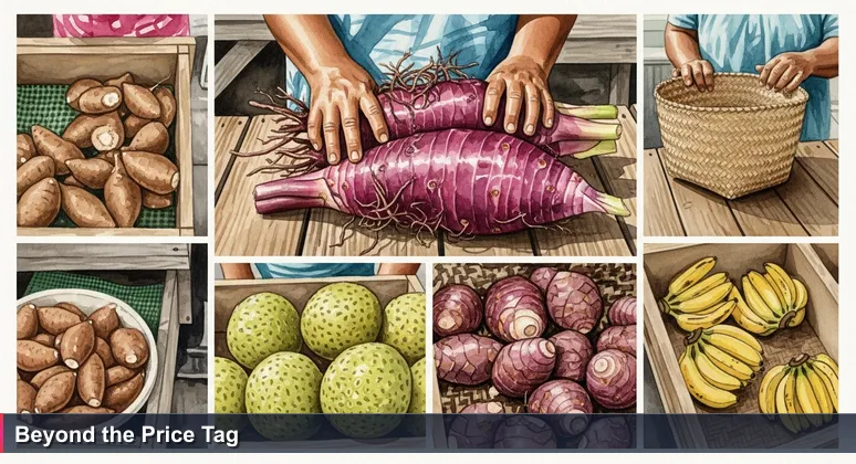 A woman's hands cradling a bundle of taro at Talamahu Market in Nuku'alofa, symbolizing the careful evaluation of tech job offers.