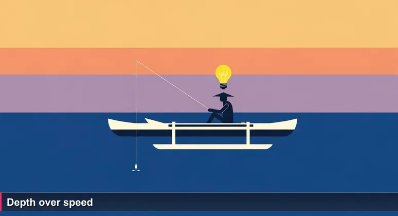 Outrigger canoe at sunset with a fisherman holding a fishing line, symbolizing patience and waiting for the right opportunity. The calm ocean reflects the quiet confidence of building a tech career in Tonga.