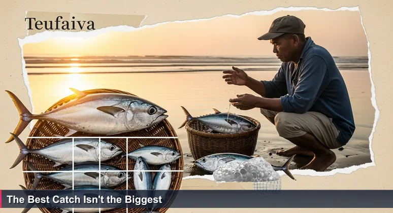 A fisherman at dawn on Teufaiva Beach sorting freshly caught tuna in a woven basket, symbolizing the careful selection of top AI startups.