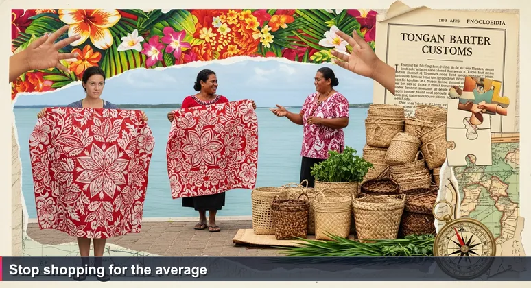 Tourist examining a tapa cloth at Nuku'alofa market while a local woman walks away laughing, symbolizing hidden pricing tiers in AI salaries.