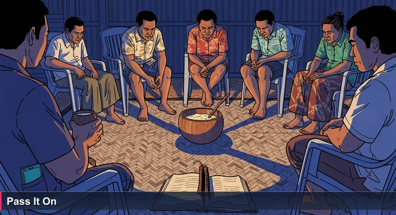 A circle of plastic chairs under a roof, hands passing a kava bowl, a phone glowing in a pocket, people listening intently.