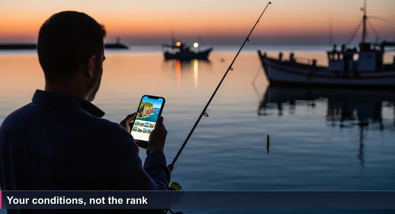 A Tongan fisherman at Vuna Wharf before dawn, holding a phone displaying a top 10 list, with a fishing line in his other hand, looking out at the dark water and distant boat lights.