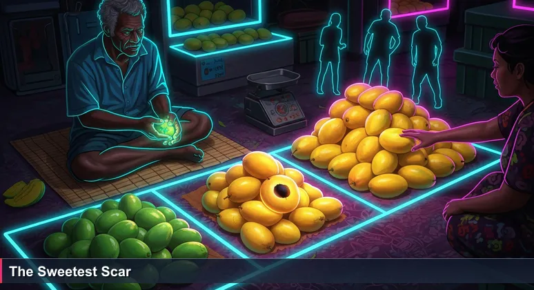 Older Tongan farmer at Talamahu Market sorting mangoes into three piles; a local woman reaches for a blemished one while tourists choose perfect fruit.