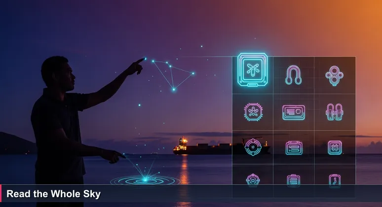 A Tongan wayfinder stands at twilight on Nuku'alofa waterfront, pointing to a constellation, with container ship lights in the background.