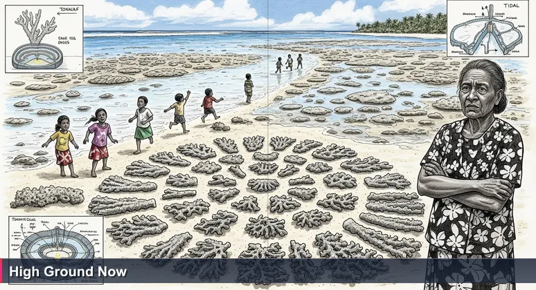 A beach on Tongatapu at low tide with exposed coral and stranded fish, children running toward the reef, and an older woman watching the horizon with worry.