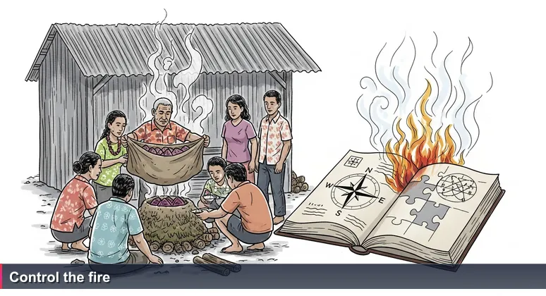 A group of Tongans around an 'umu pit lifting a sackcloth to reveal cooked taro and lu pulu, with steam rising in midday heat