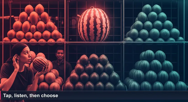 A Tongan woman at Talamahu Market taps a watermelon while learning about free tech training options in Nuku'alofa.