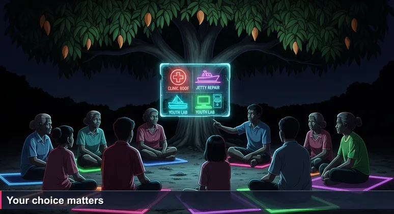 A village meeting under a mango tree on a bright morning. Elders, parents, and young people sit on mats in a circle. In the center, a worn whiteboard lists priorities: 'clinic roof,' 'jetty repair,' 'youth computer lab.' One young man gestures toward the board. Breeze rustles leaves.