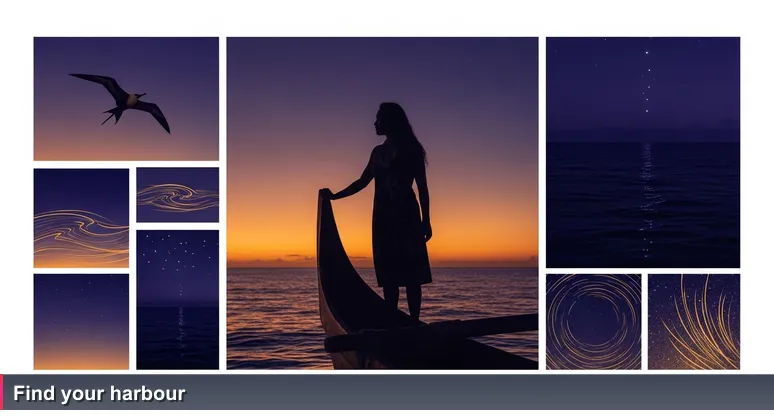 Pacific navigator standing at the bow of a traditional vaka at twilight, reading the sea and stars, symbolizing wayfinding in Tonga's tech ecosystem.