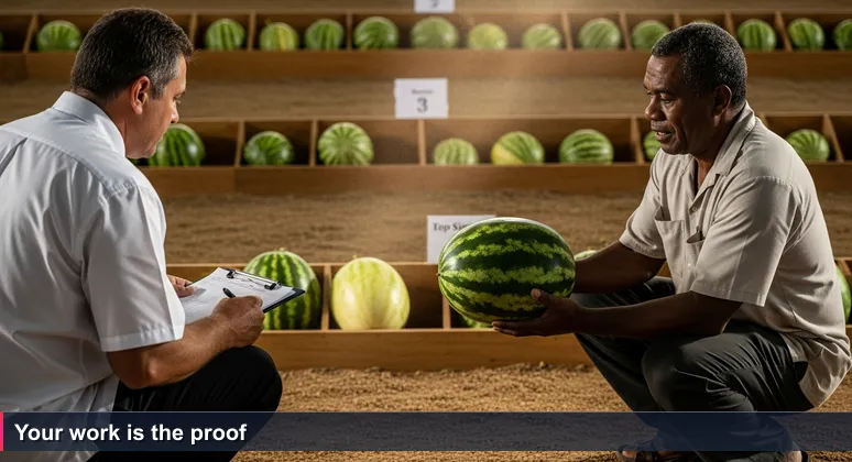 A Tongan farmer at the Vava'u agricultural show offers a watermelon to a judge, who looks at the fruit instead of the farmer's empty back pocket where a degree would be.