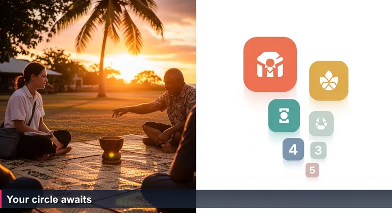 A kava bowl at sunset in Nuku'alofa surrounded by a circle of people, with a young woman in a laptop bag sitting cross-legged, waiting for the bowl to reach her. An older man gestures toward the circle, emphasizing community.