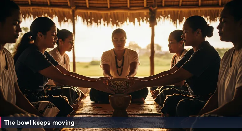 A circle of Tongan women sitting on woven mats in a fale, passing a kava bowl in late afternoon light. No phones, just connection.