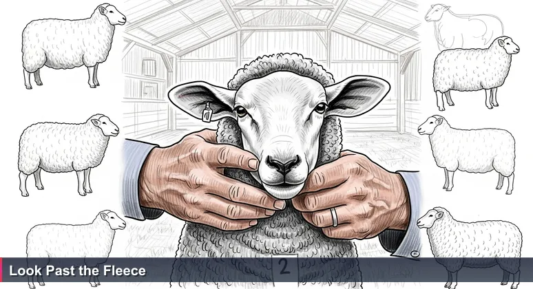 A judge's hands evaluating a sheep's muscle and bone at the Kansas State Fair, symbolizing deep assessment of tech job value in Topeka.