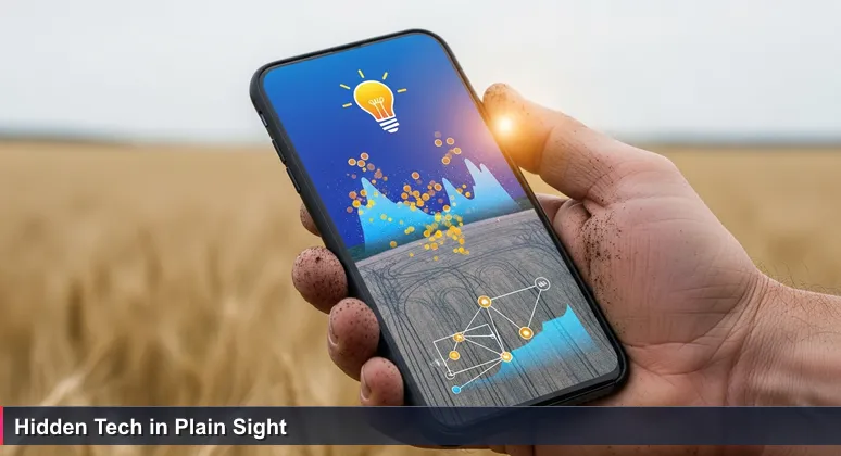 A farmer's work-worn hand holding a smartphone displaying a live drone feed of a wheat field with AI data overlays highlighting pest clusters and yield projections.