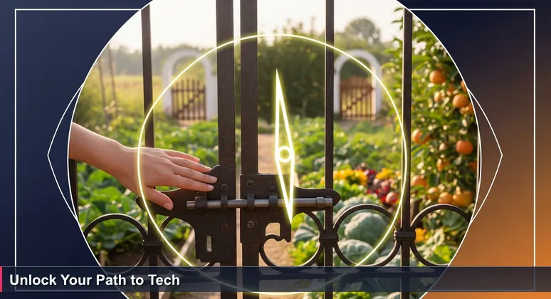 A close-up of a hand on an ornate iron garden gate, with lush vegetables and fruit trees visible through the bars, and other entry points like a wooden gate and open archway in the background.
