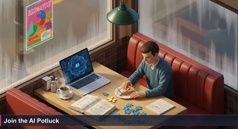 A person sits alone at a diner table in Topeka at dawn, looking at a laptop with AI code on screen. Outside, a flyer for the KC AI Club Open Mic Night is visible on a lamppost.
