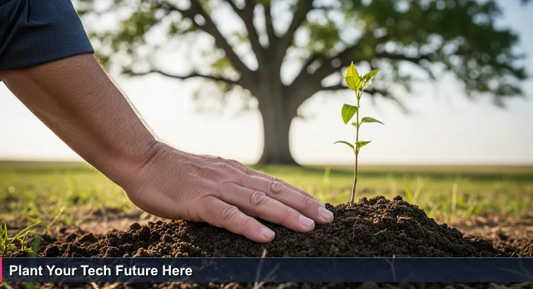 A seasoned hand planting a young tree sapling on the Kansas prairie, symbolizing the cultivation of tech careers in Topeka's community-focused ecosystem.