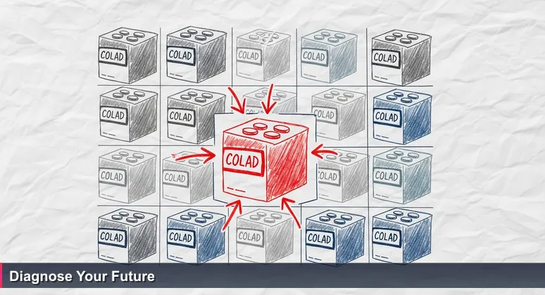 A hand hesitates over cluttered AI bootcamp flyers on a kitchen counter in Topeka, with a reflection of frustration in a toaster, symbolizing choice overload.