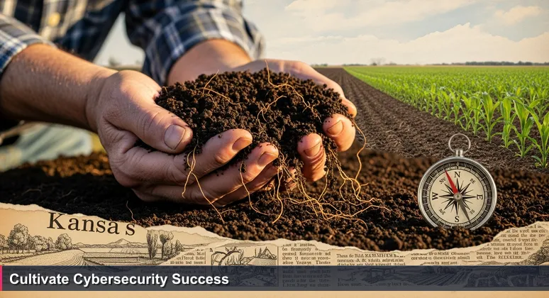 A farmer's weathered hands sifting through dark Kansas topsoil, with sunlight highlighting soil grains and roots, symbolizing grounded cybersecurity career opportunities in Topeka for 2026.