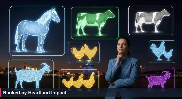A judge at the Kansas State Fair thoughtfully evaluating a lineup of livestock, including a draft horse and dairy cow, symbolizing the specialized appraisal of Topeka's AI startups.